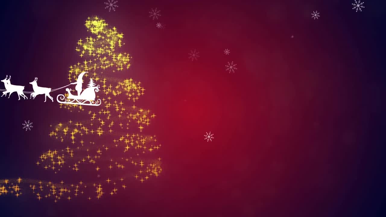 santa claus en trineo siendo tirado por renos contra una estrella fugaz formando un árbol de navidad