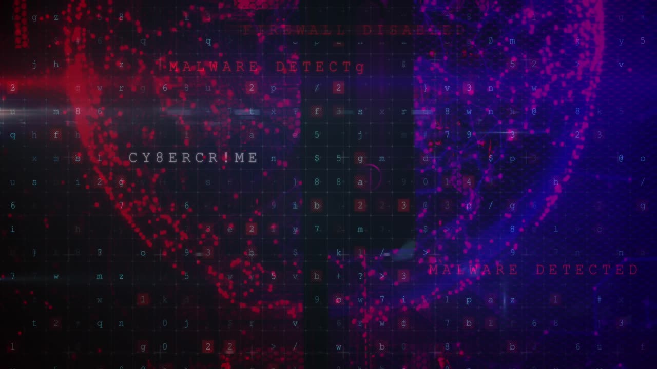 Animation of digital security and cyber crime over globe on navy background
