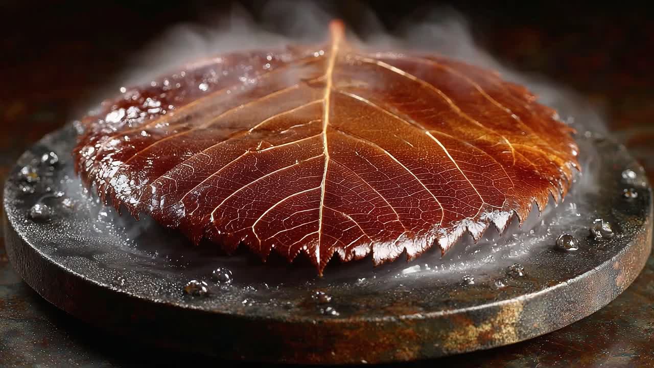 A Mesmerizing Display of a Single Brown Leaf Resting on a Metallic Surface, Emitting Gentle Wisps of Steam, Captivating the Essence of Nature and Culinary Artistry