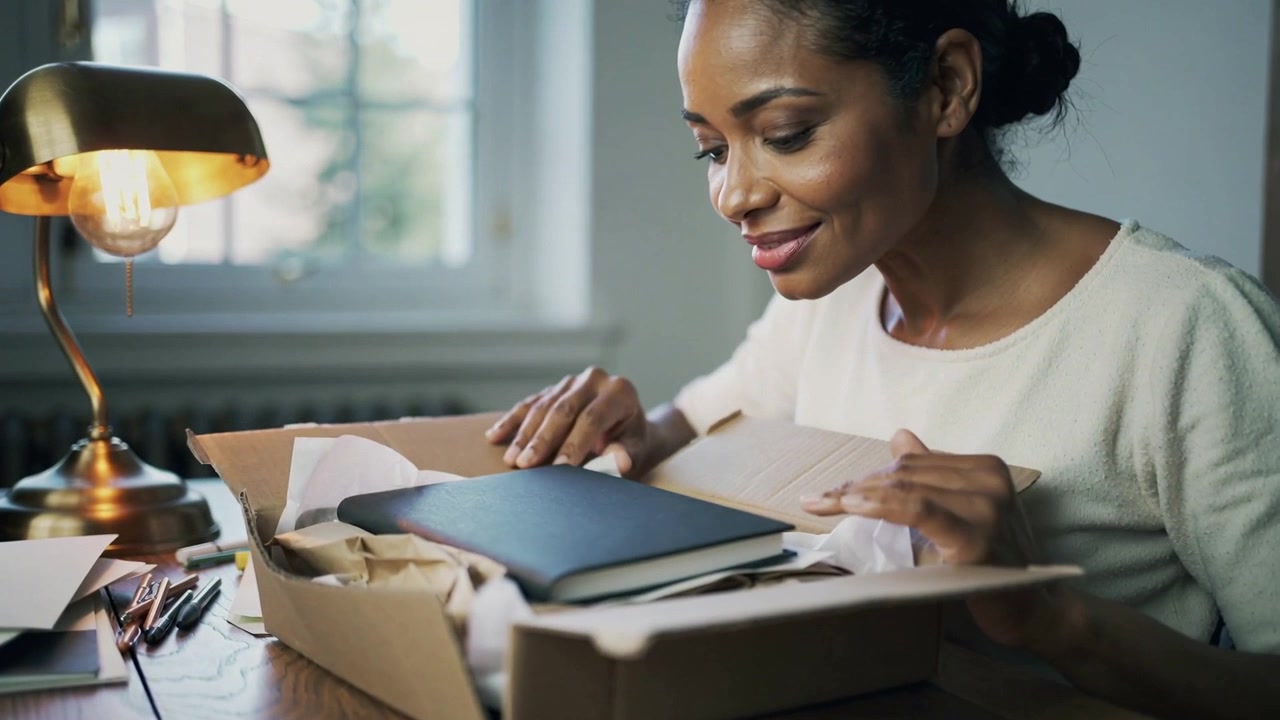 Unboxing woman in sweater handling new box at home desk, inspecting notebook for work, copy space