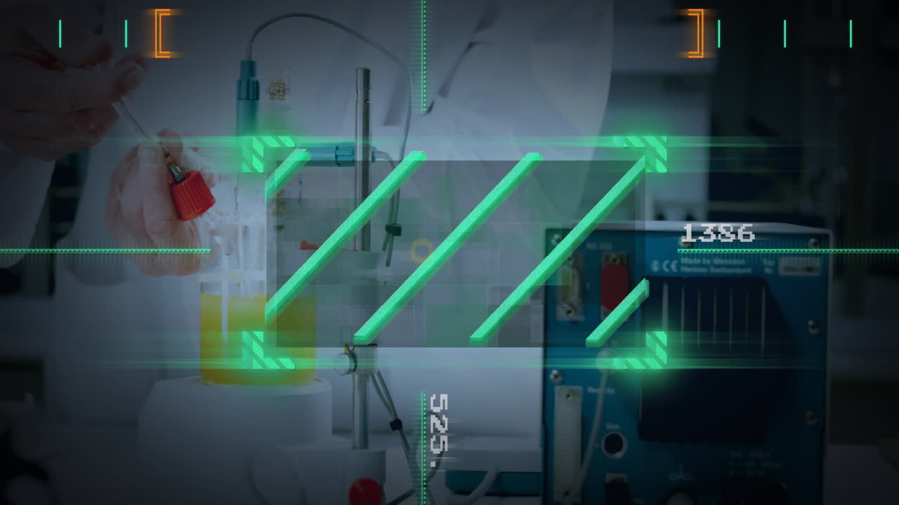 In laboratory, animation showing scientific equipment and data processing in action