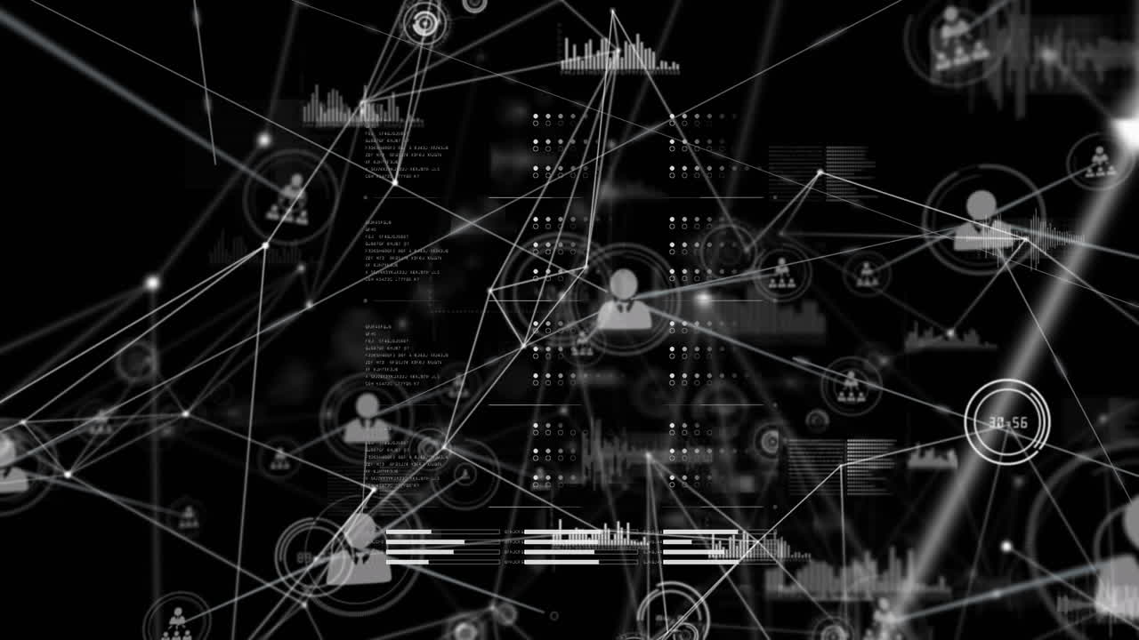 Animation of data processing on screens and network of connections
