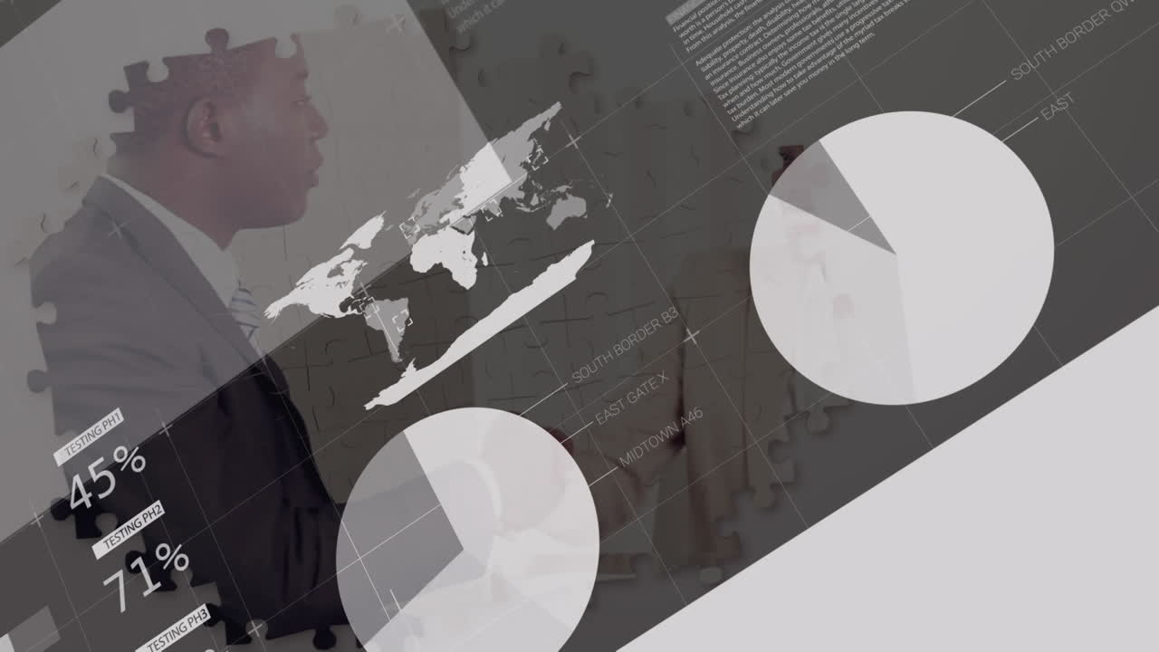 Animación de estadísticas y procesamiento de datos sobre el apretón de manos de un hombre de negocios