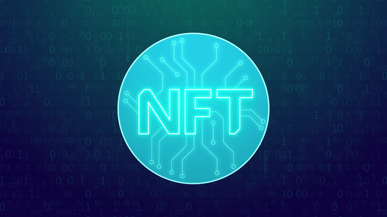 concetto di arte crittografica nft, animazione di tecnologia blockchain astratta, codice binario, token non fungibile di oggetti da collezione unici, opere d'arte digitali. sfondo animato 3d, denaro digitale di criptovaluta