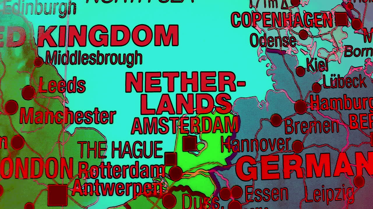 Close-up of a Map of Europe Showing the Netherlands, UK, Germany, and Denmark
