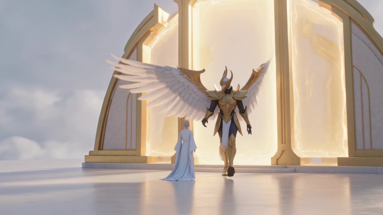 Reacting to golden gateway glowing, armored winged guardian escorting robed noble across sky deck