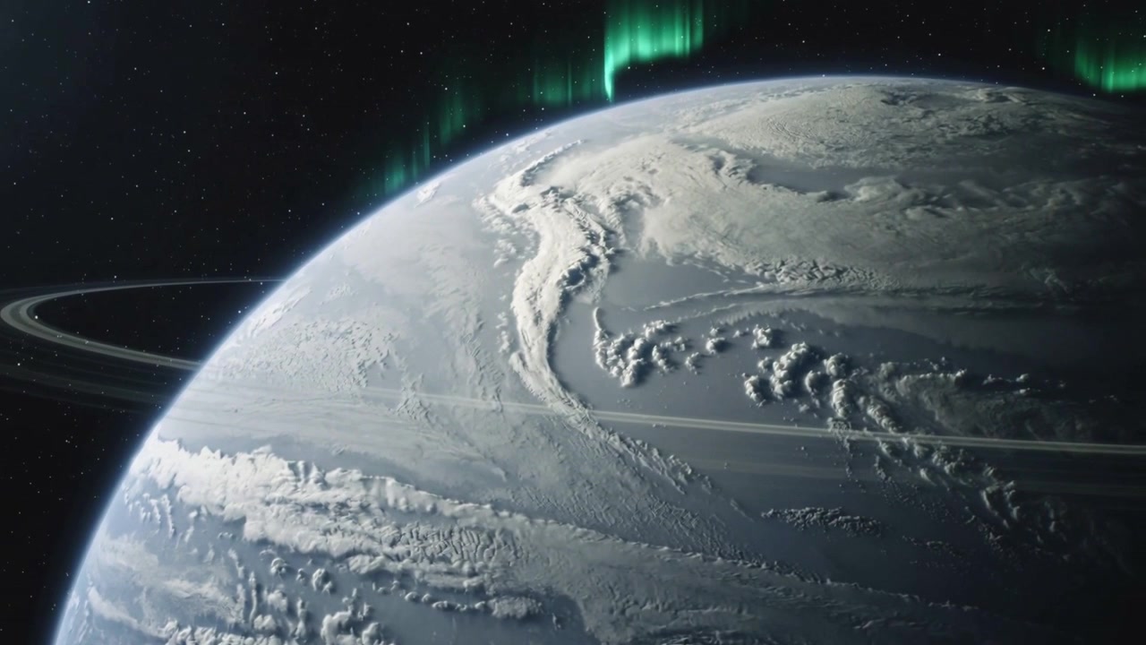 Panning camera revealing cloudy planet tightening shot in deep space, with ring aurora starfield