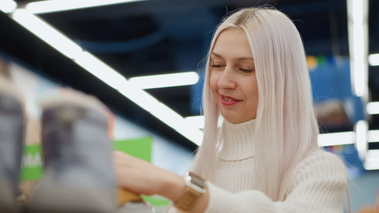 Shoulder view of elegant mother full of smiles admiring shoe under bright retail lights manicured nails holding shoe tag blurred shoppers and shelves in background conveying joyful shopping moment