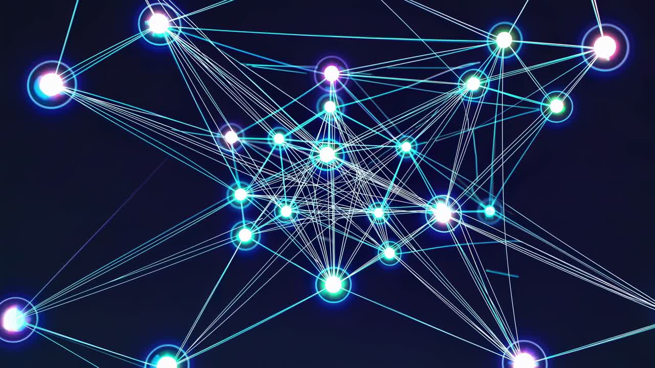 Complex network of interconnected nodes representing data flow and information exchange in a digital environment, symbolizing global communication and technological advancement