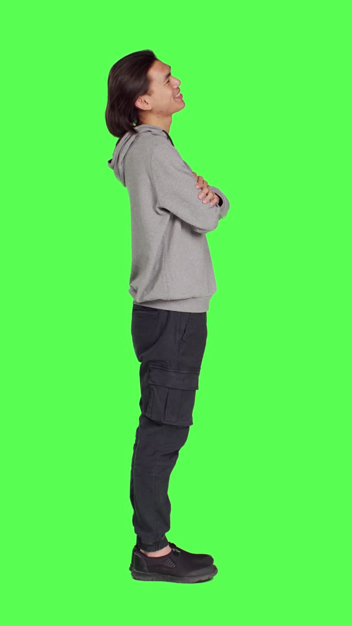 Profile of natural adult appears proudly on camera