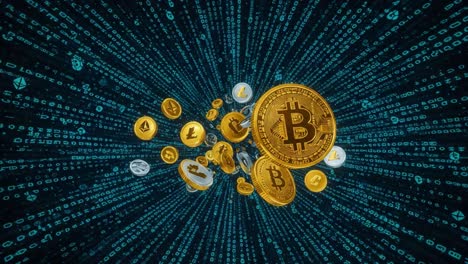 dynamic visualization of cryptocurrency coins surrounded by binary code, highlighting the evolution and digital landscape of modern finance in the digital age