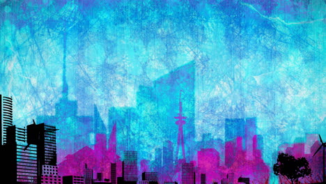 illustration of cityscape with modern buildings in blue, pink, black on blue distressed background