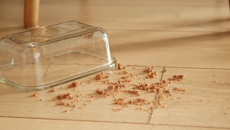 migajas y recipientes de vidrio rotos en el suelo de madera