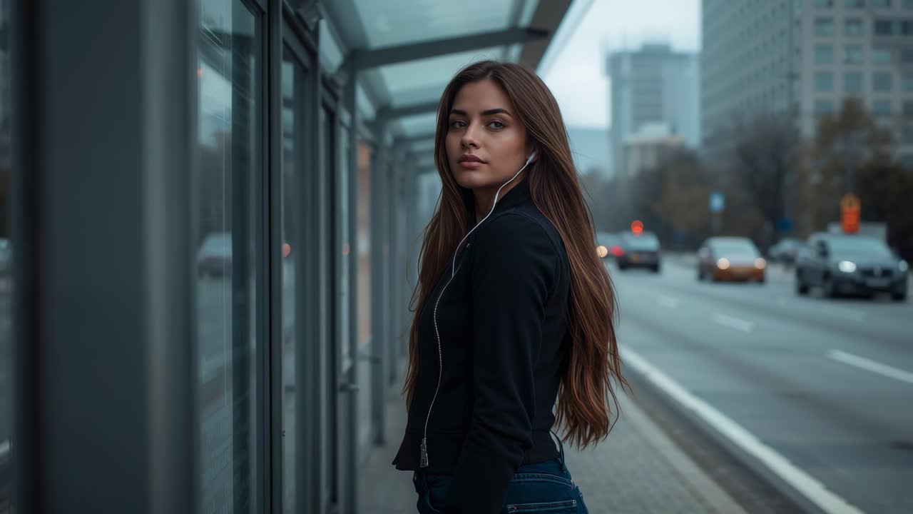 Reacting to moving cars, woman wearing earphones shifting, glancing at road at bus stop, copy space