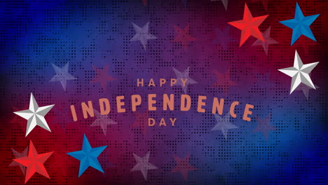 animación del texto del feliz día de la independencia sobre estrellas en fondo rojo y azul.