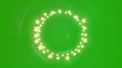 Animation-of-star-fairy-lights-forming-round-frame-with-copy-space-on-pulsating-green-circles