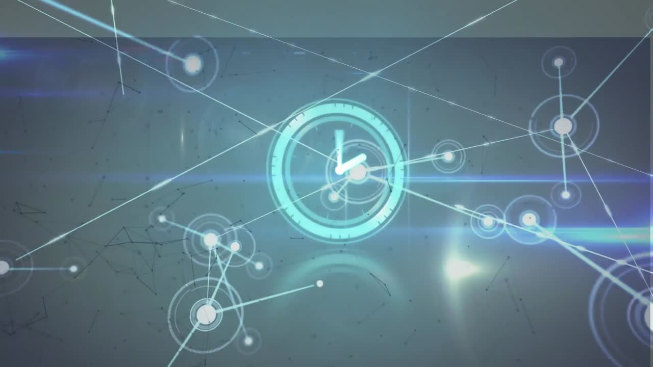 연결 네트워크를 통해 빠르게 움직이는 시계의 애니메이션