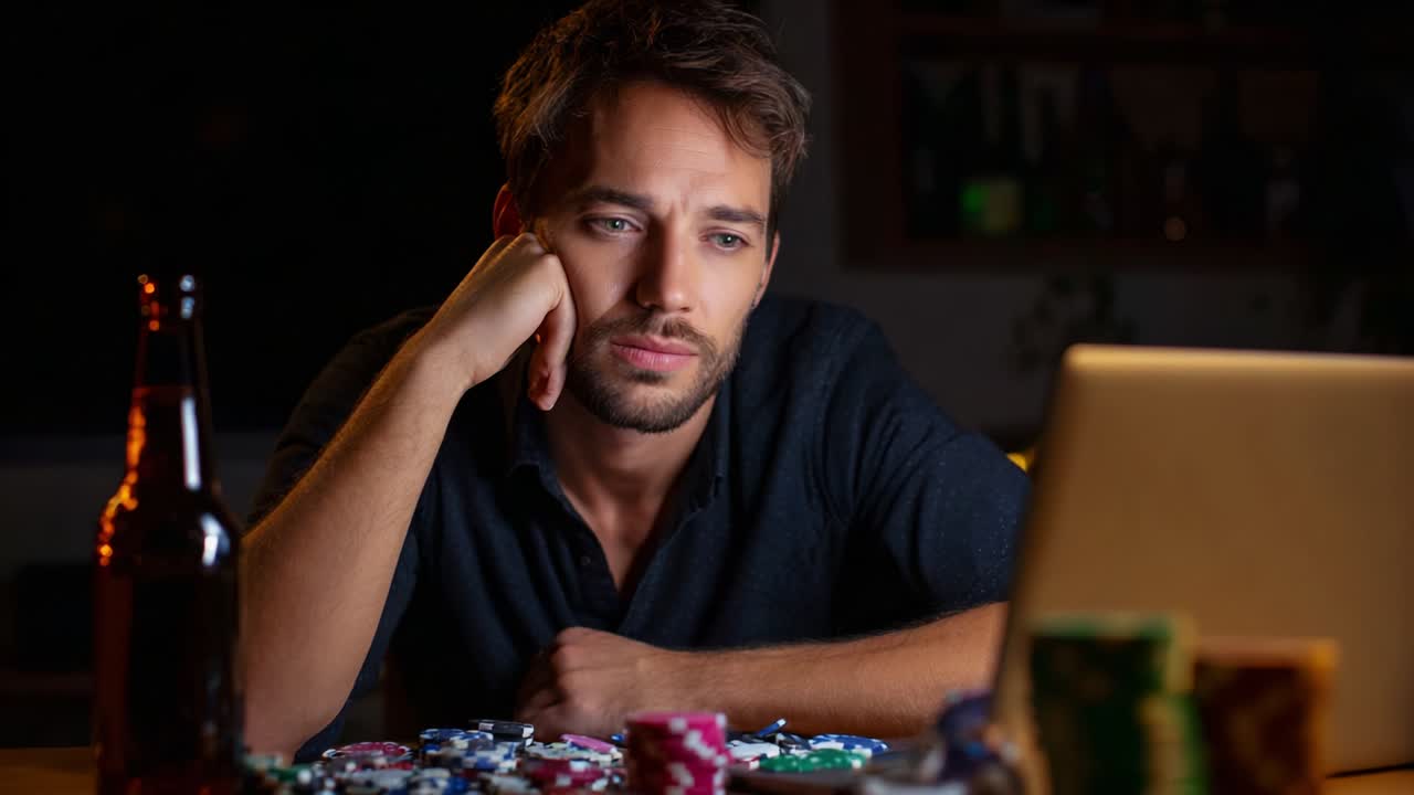 A contemplative man engrossed in thought while studying his laptop screen, surrounded by a colorful assortment of poker chips and a cold beverage, reflecting on a gaming or strategic dilemma in a dimly lit room