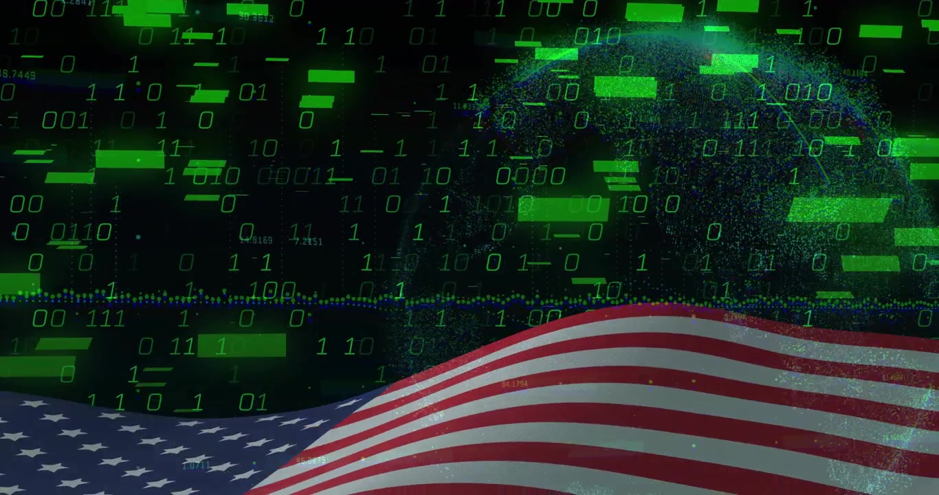 Data surge starting, US flag waving while globe emerging and bits raining visualizing data flow