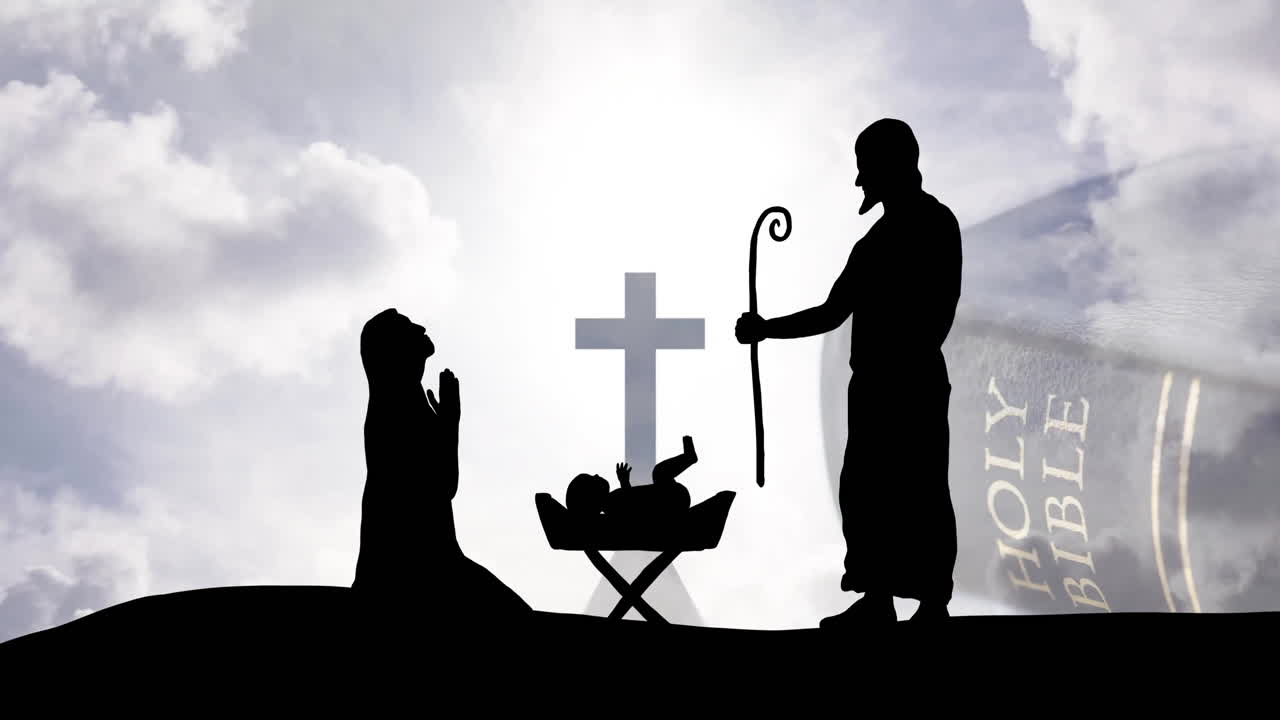 크리스마스 크리스마스 장면과 구름 바탕에 있는 성경의 애니메이션