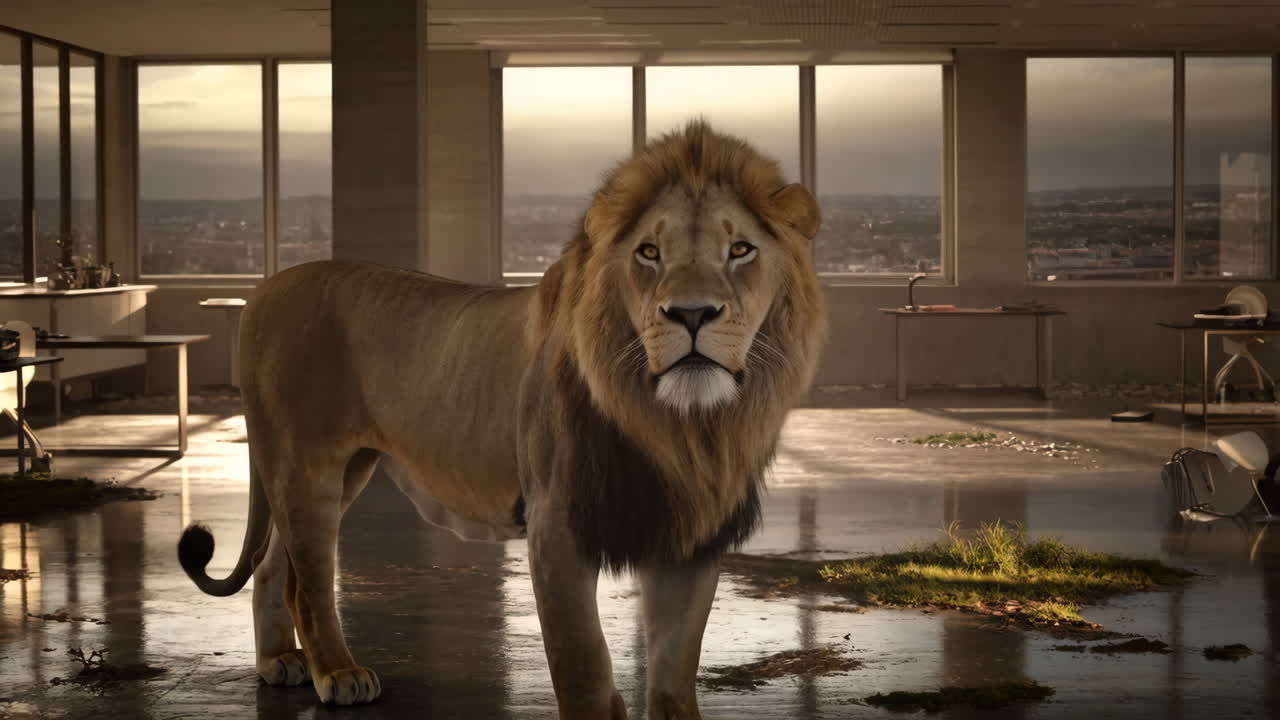 A majestic lion standing in a deserted modern office building