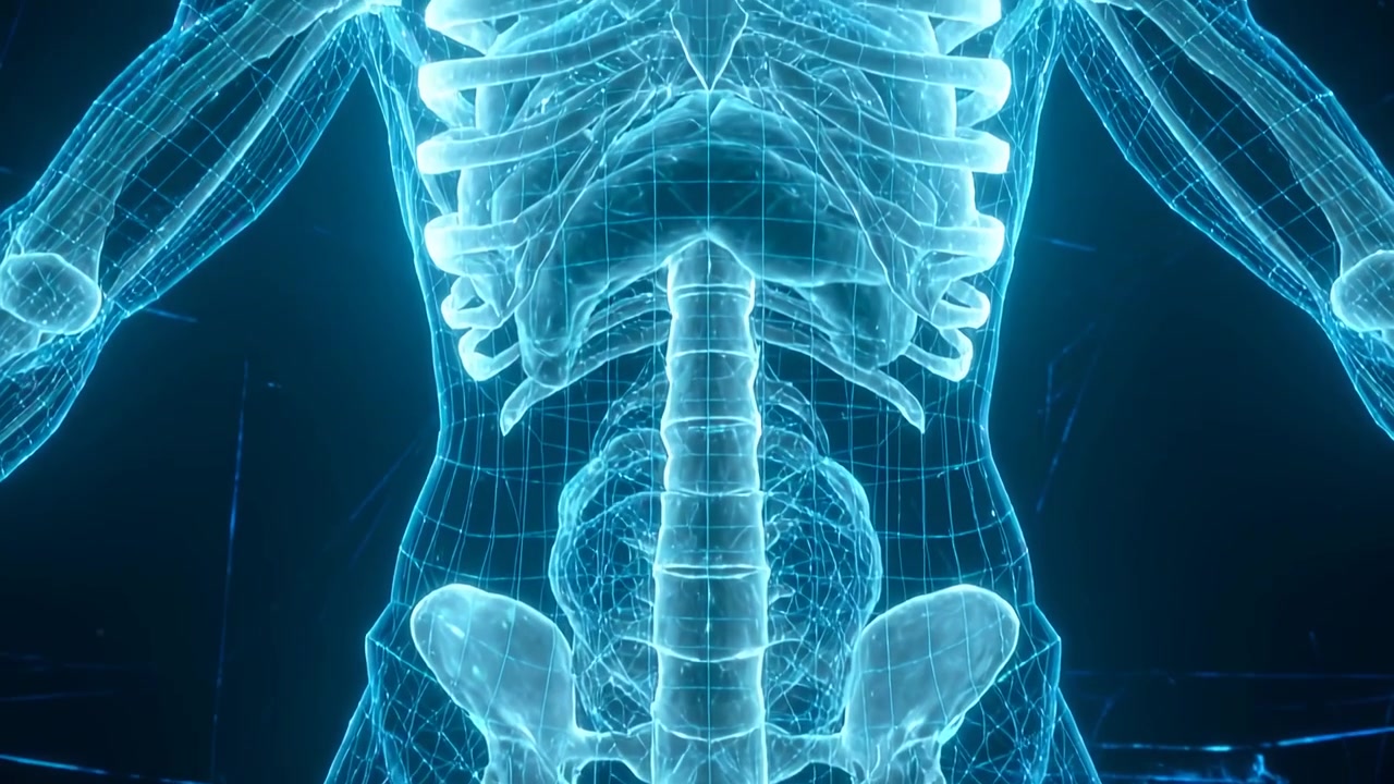 Scheletro olografico animato che si solleva tramite fotogrammi in uno spazio 3D, mostrando un organo, le braccia superiori e un bagliore ciano per la dimostrazione.