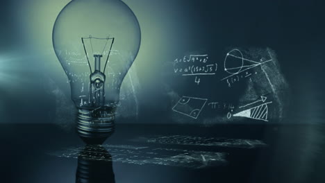 animation of light bulb with scientific formulae and data processing