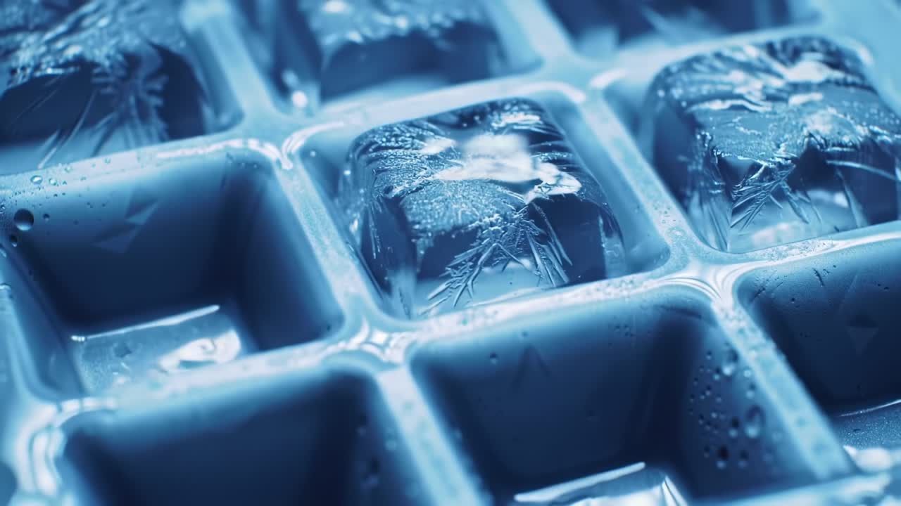 Close-Up of Ice Cubes in a Tray: A Stunning Transformation from Clear to Frosty as Drops of Water Accumulate on the Surfaces, Capturing the Essence of Refreshment