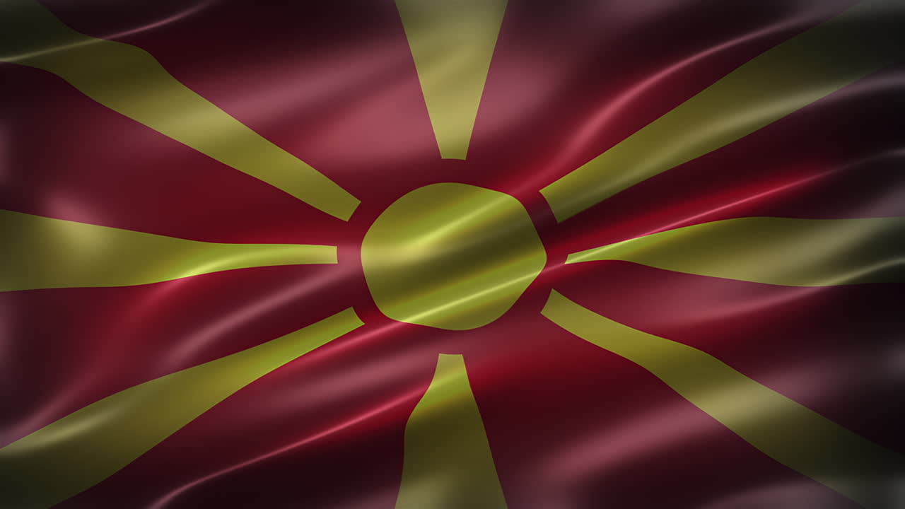 la bandera de la república de macedonia del norte, 4k full frame vista frontal, ondeando en el viento, con un aspecto y sensación cinematográfica, y una elegante textura sedosa