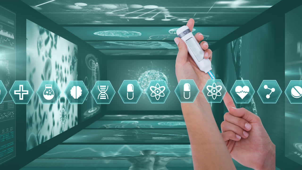 포도당 측정기를 사용하여 환자 위에 의료 아이콘의 애니메이션