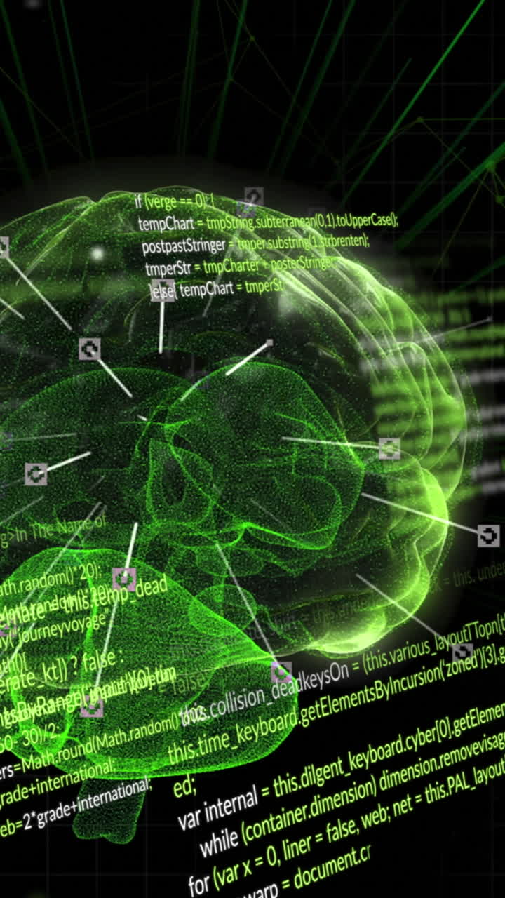 Animation of data processing and brain on black background