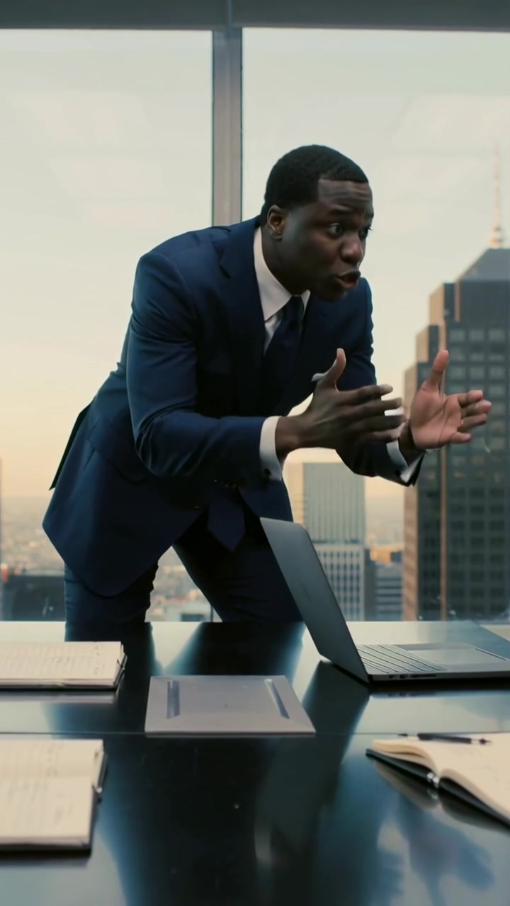 Vertical video: Leaning forward man in suit gesturing to clarify point during meeting, with laptop
