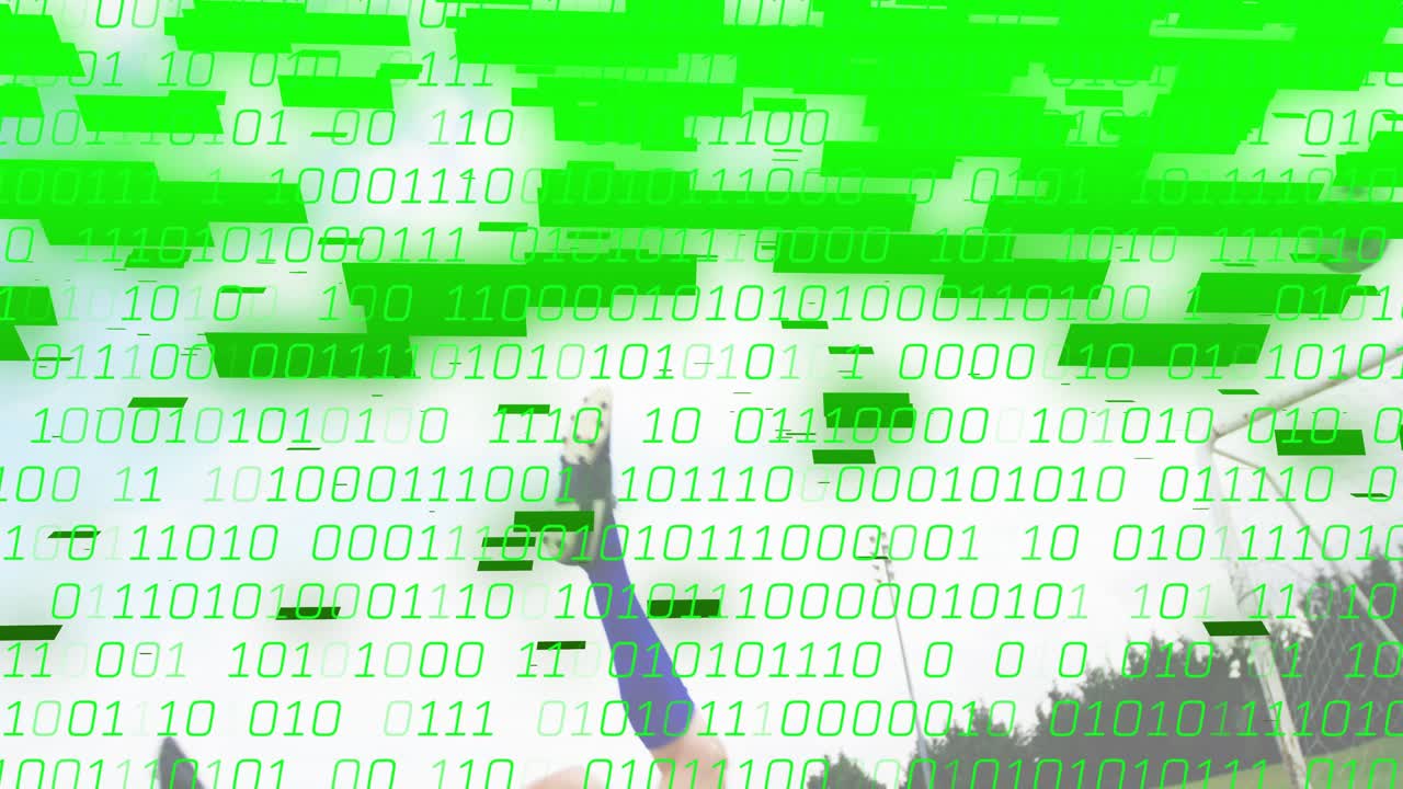 Male player entering pitch accelerating into leap under binary technology overlay tracking ball