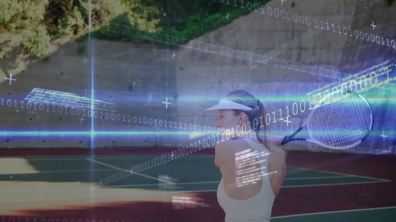 woman swinging racket on tennis court, showing digital data overlay for sports technology