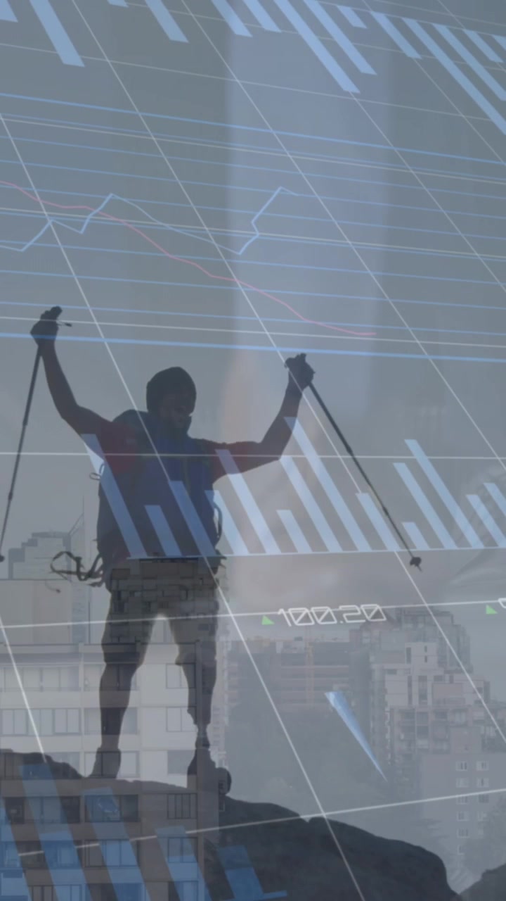 Animazione di grafici finanziari e dati su uomo in montagna