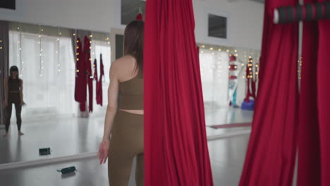 back view of instructor and partner mirrored movements under red aerial hammocks in bright studio, gentle synchronization with occasional glances and rhythmic sway exploring balance