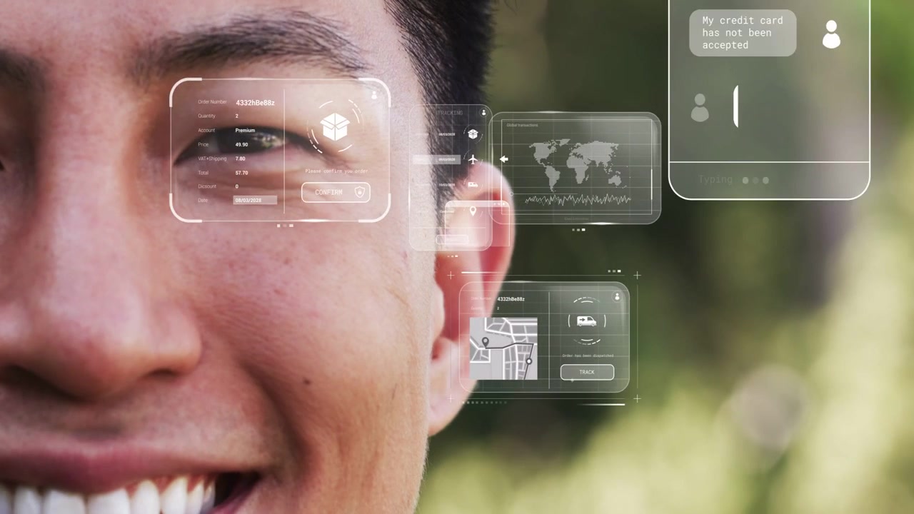 Uomo adulto che si volta verso la telecamera in un parco, con widget AR che appaiono vicino all'orecchio, mostrando dati tecnologici