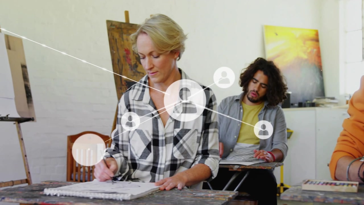 Woman sketching in studio, icons appearing at torso and growing network rightward, showing growth