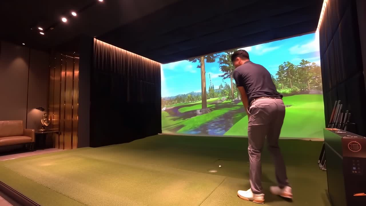 Video con inquadratura dal basso di un uomo che gioca a golf in una moderna sala simulatore al coperto, concentrandosi sul suo swing