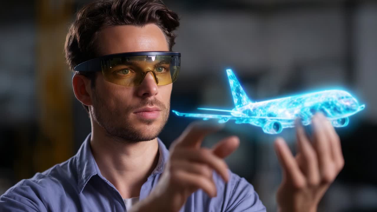 A Focused Individual Utilizes Augmented Reality Glasses to Interact with a Holographic Airplane Model, Demonstrating Advanced Technology in Aviation and Design Innovation