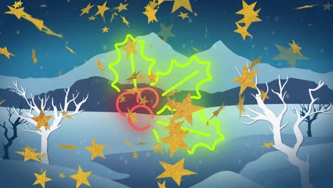 animación de nieve y estrellas sobre el icono de muérdago de neón contra el paisaje de invierno.