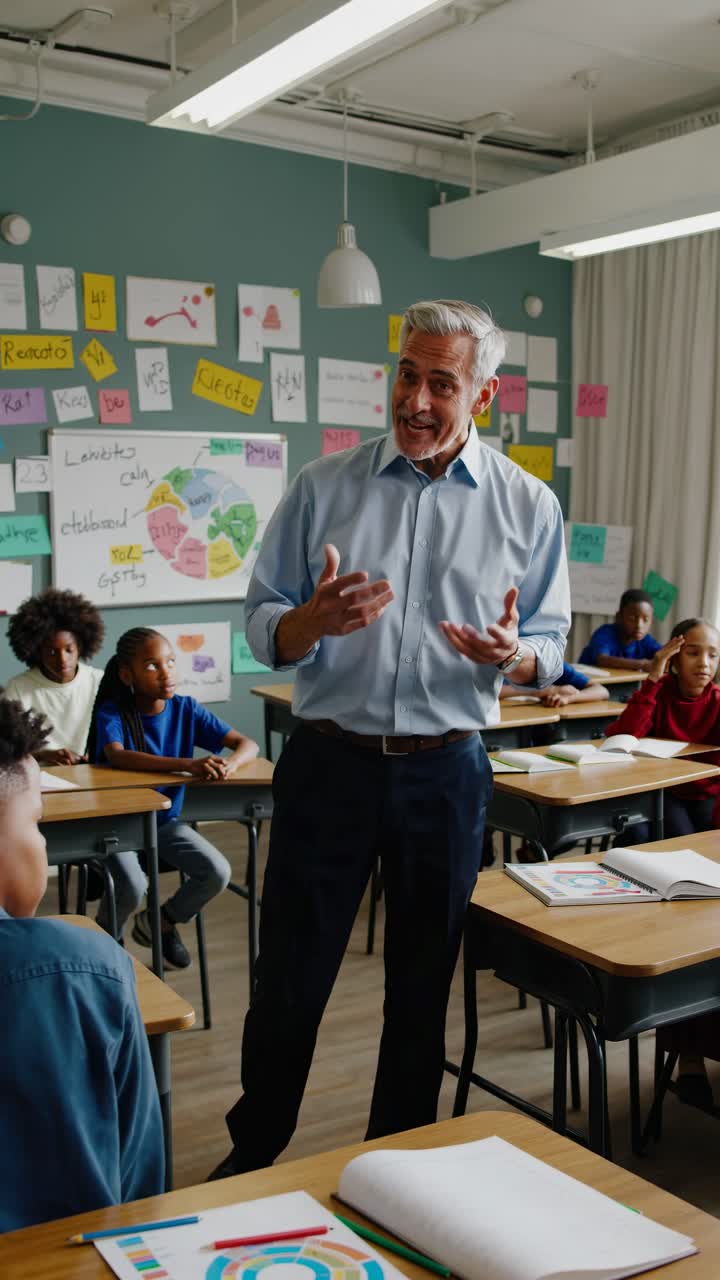 A video captures a teacher engaging with students in a colorful classroom