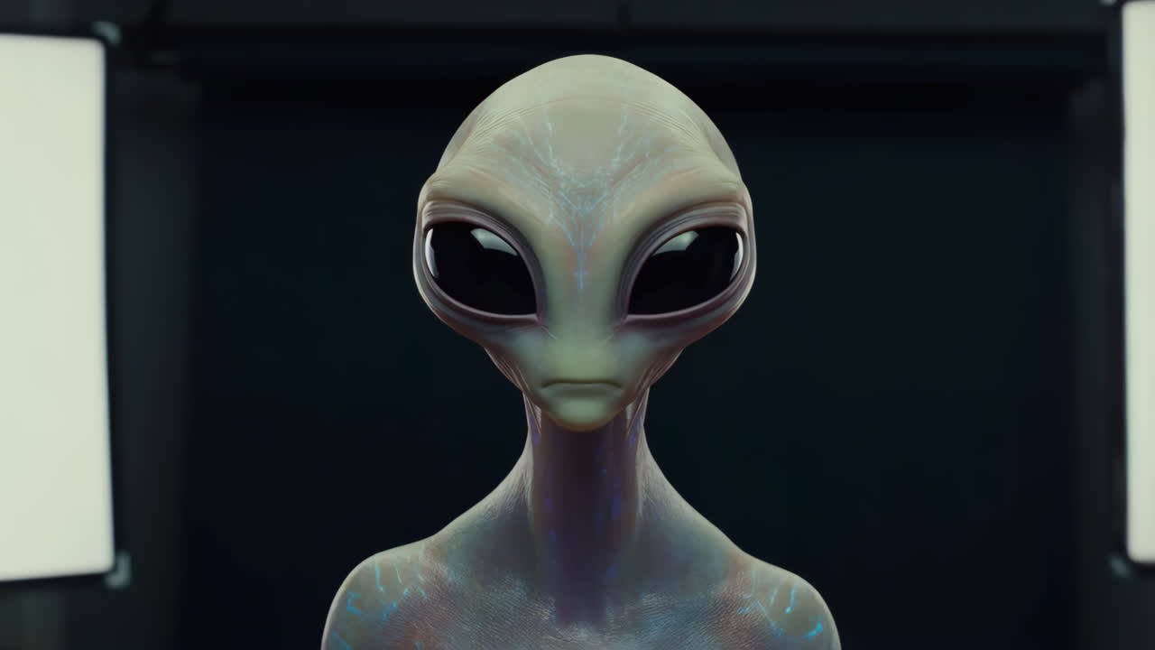 A close-up of an alien's head, showing its features and large dark eyes