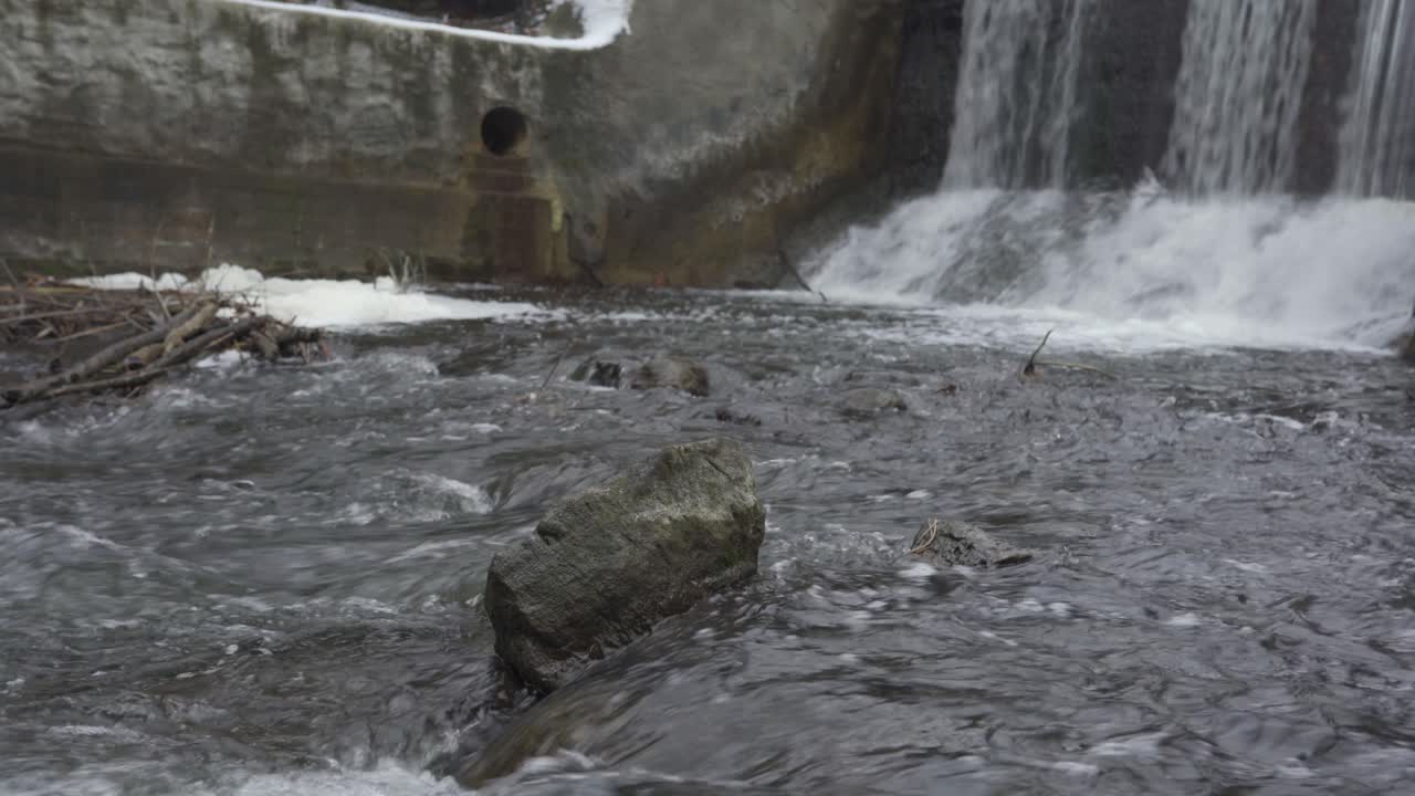 Water Flowing Past A River Rock, Beautiful Winter Waterfall Landscape