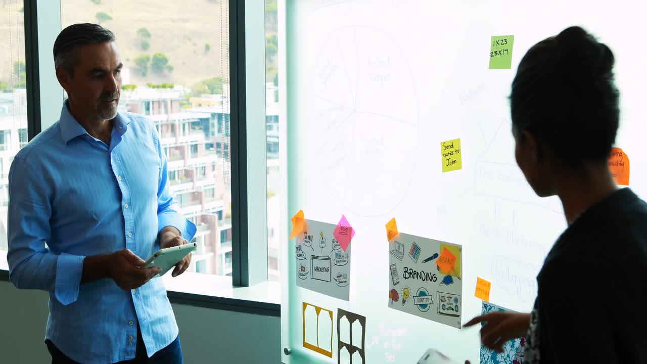 Executives reading sticky notes on glass board