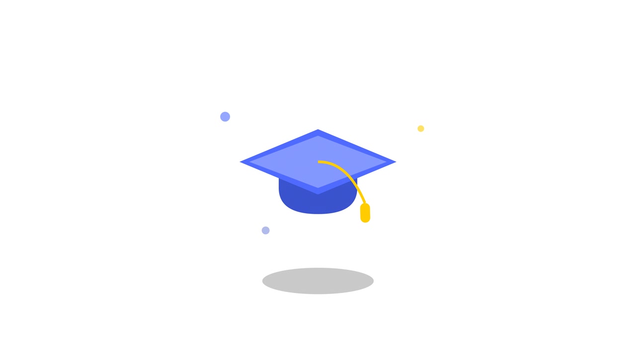 Tocco di laurea animato che fluttua su sfondo bianco.