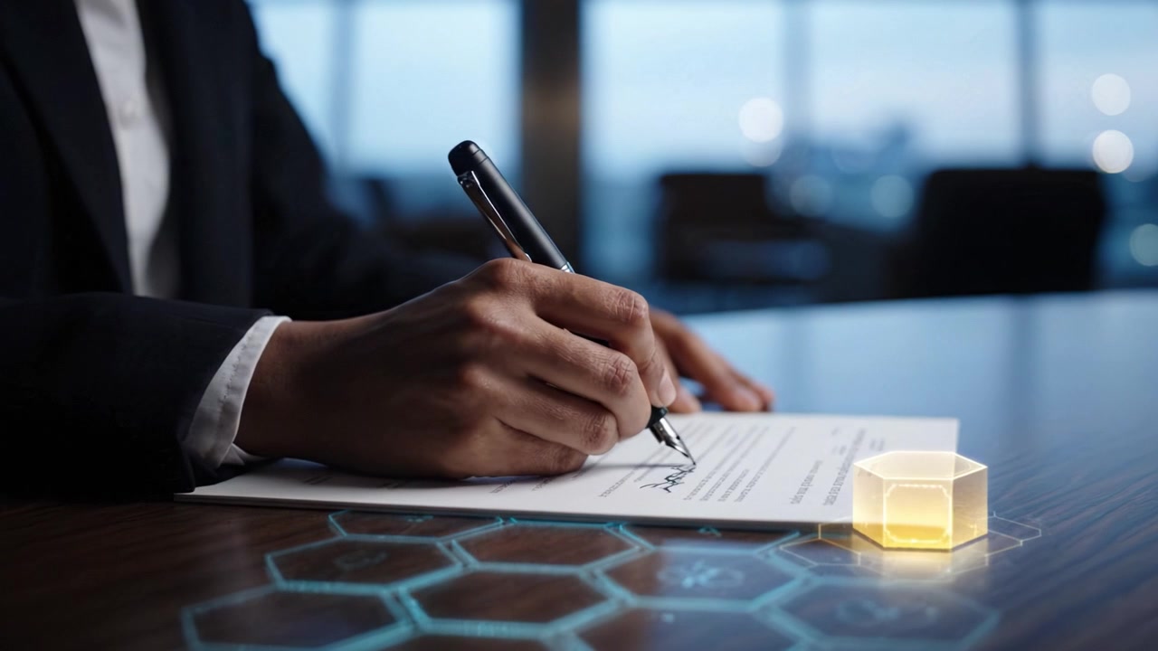 Mano professionale che firma documenti con una penna in un moderno ambiente d'ufficio, evidenziando l'attenzione ai dettagli e l'impegno aziendale in un contesto corporate.