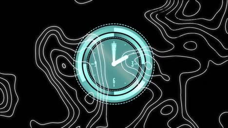 Animation-of-moving-white-lines-and-clock-over-black-background