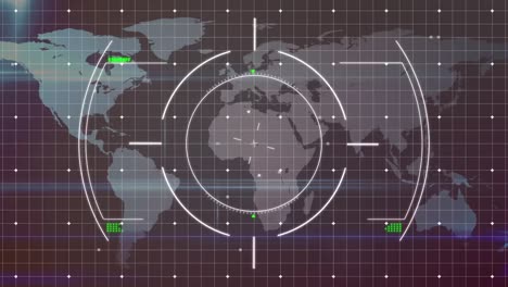animation of viewfinder, world map and icon on brown background