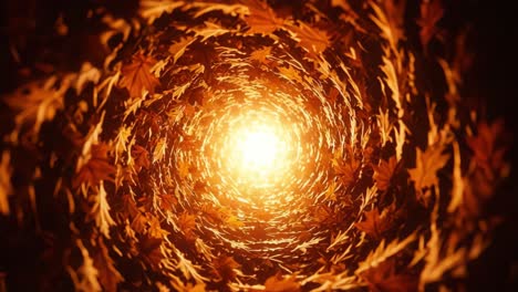 a captivating spiral of autumn leaves, creating a vivid tunnel of warm light that invites adventure and exploration into nature's seasonal transformation